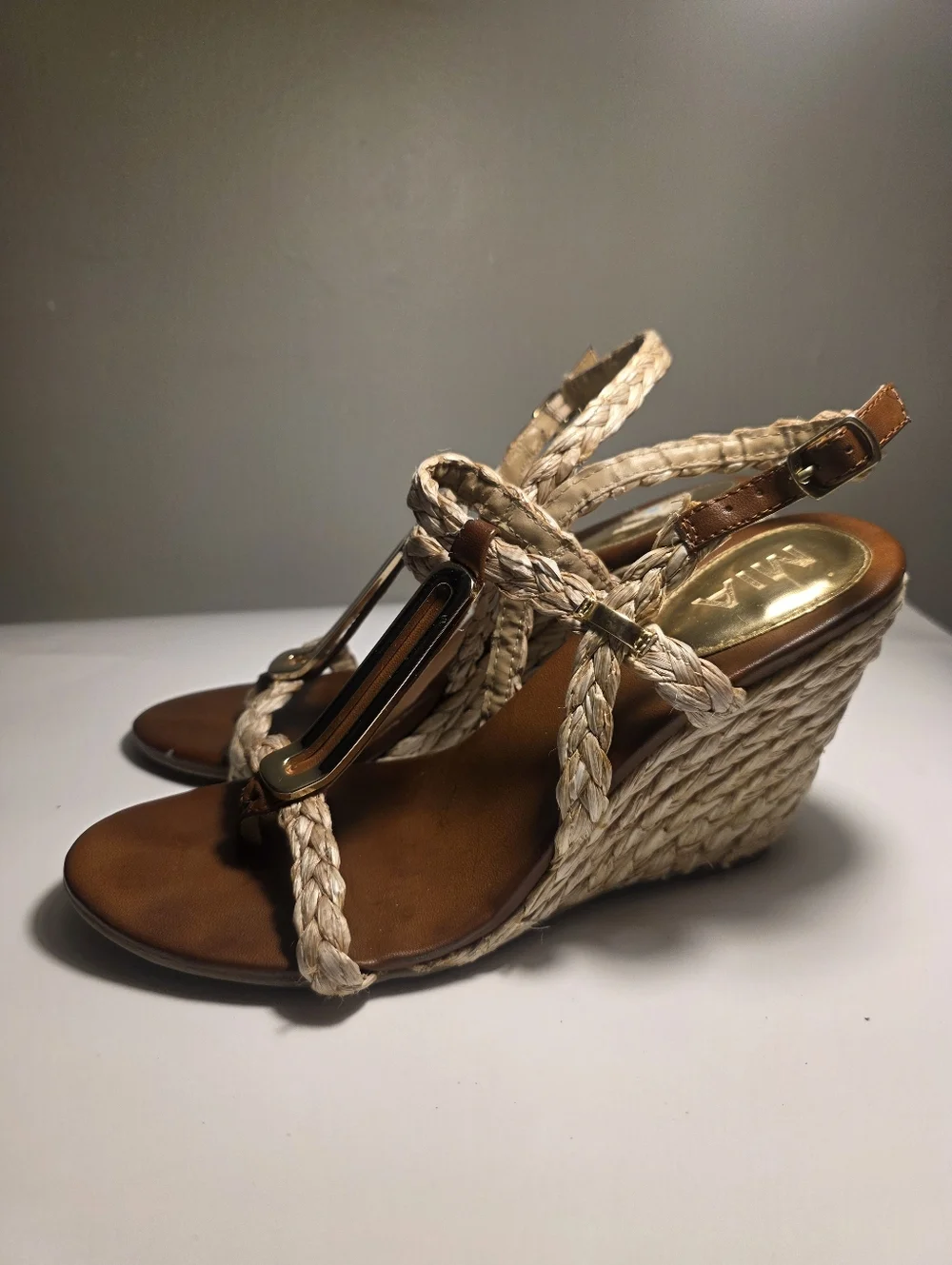 Brown Espadrille Wedge Sandals Gold Accent Ankle Buckle Boho Summer Women 10